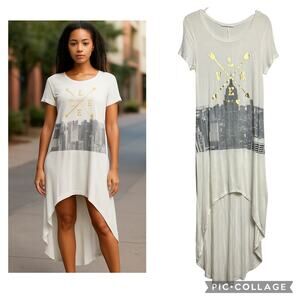 Neon Sky White‎ Asymmetrical Cityscape T-Shirt Dress Urban Chic M (2847)